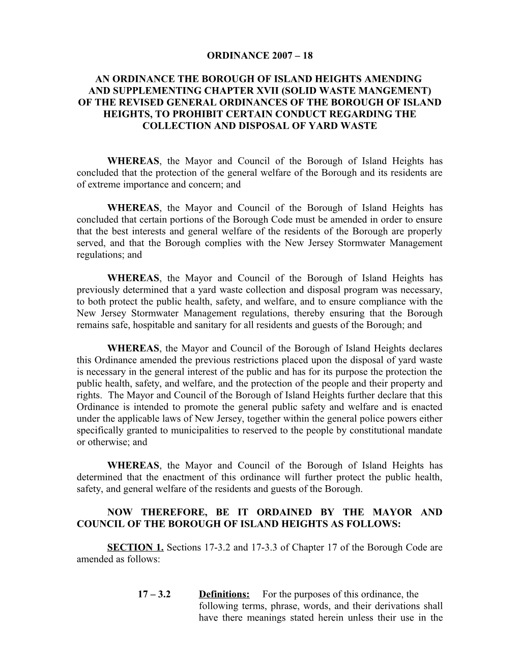 An Ordinance the Borough of Island Heights Amending