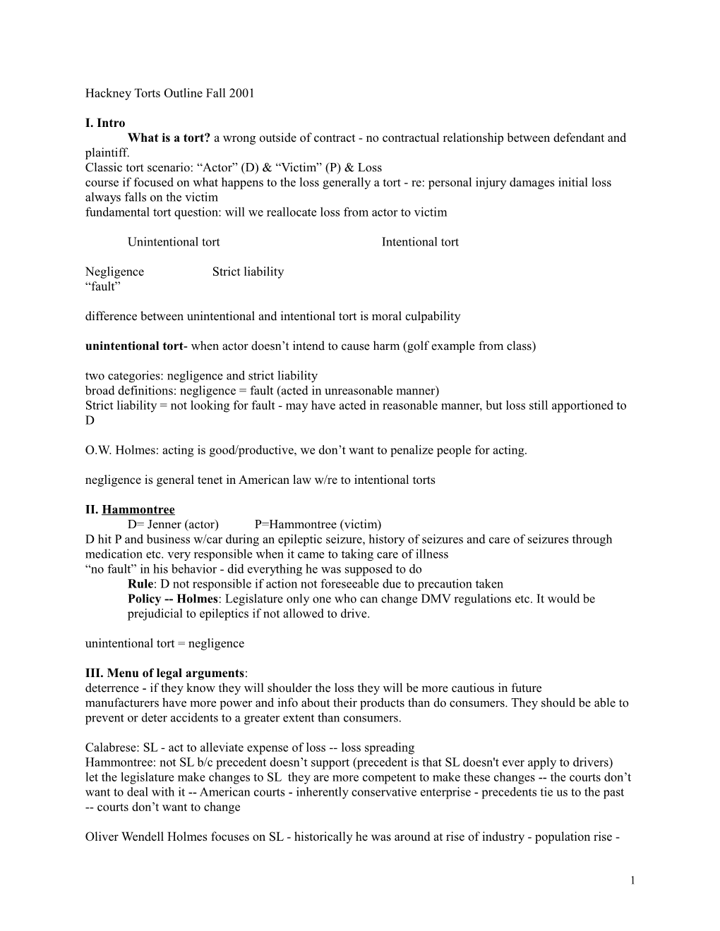 Hackney Torts Outline Fall 2001