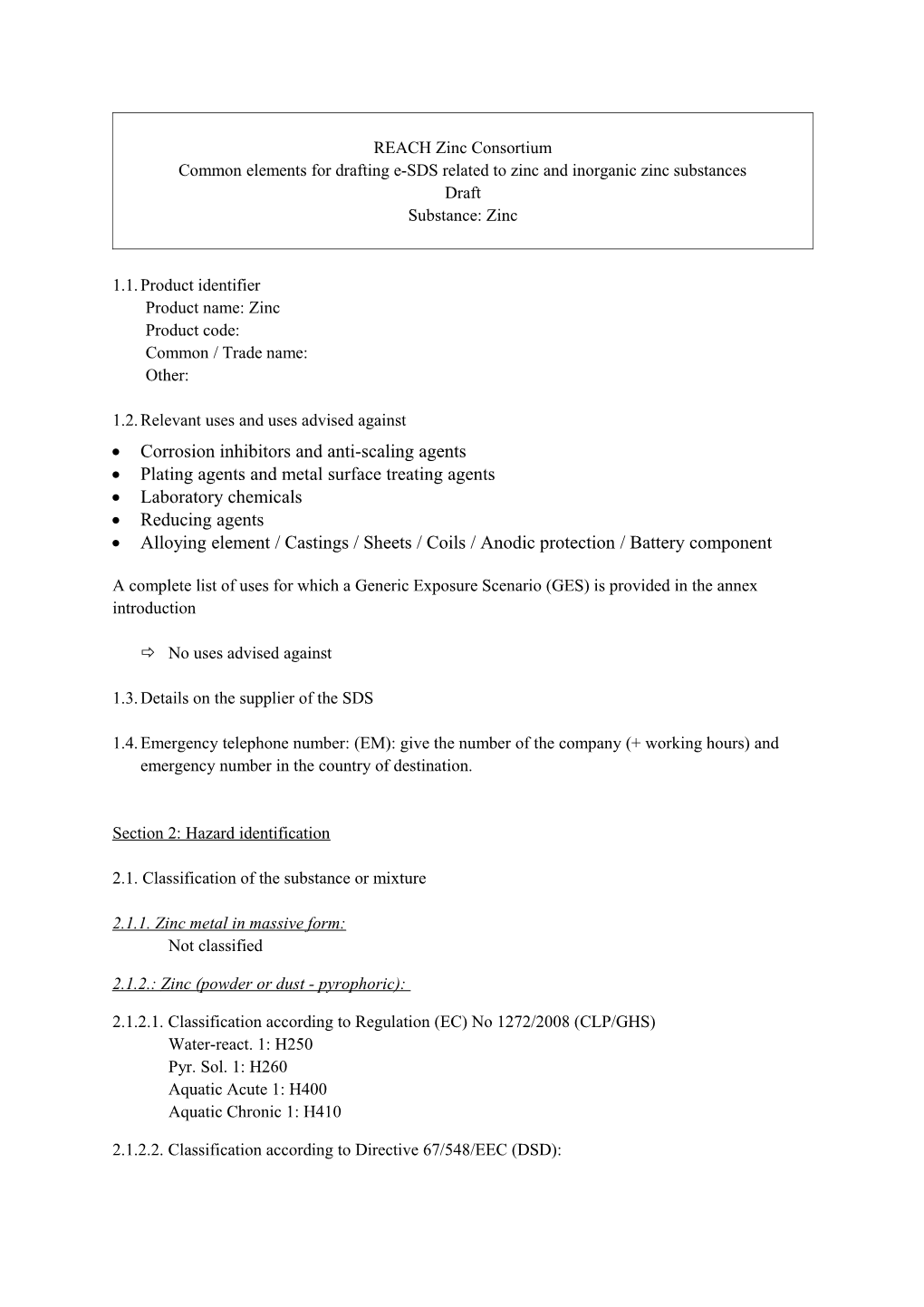 Common Elements for Drafting E-SDS Related to Zinc and Inorganic Zinc Substances