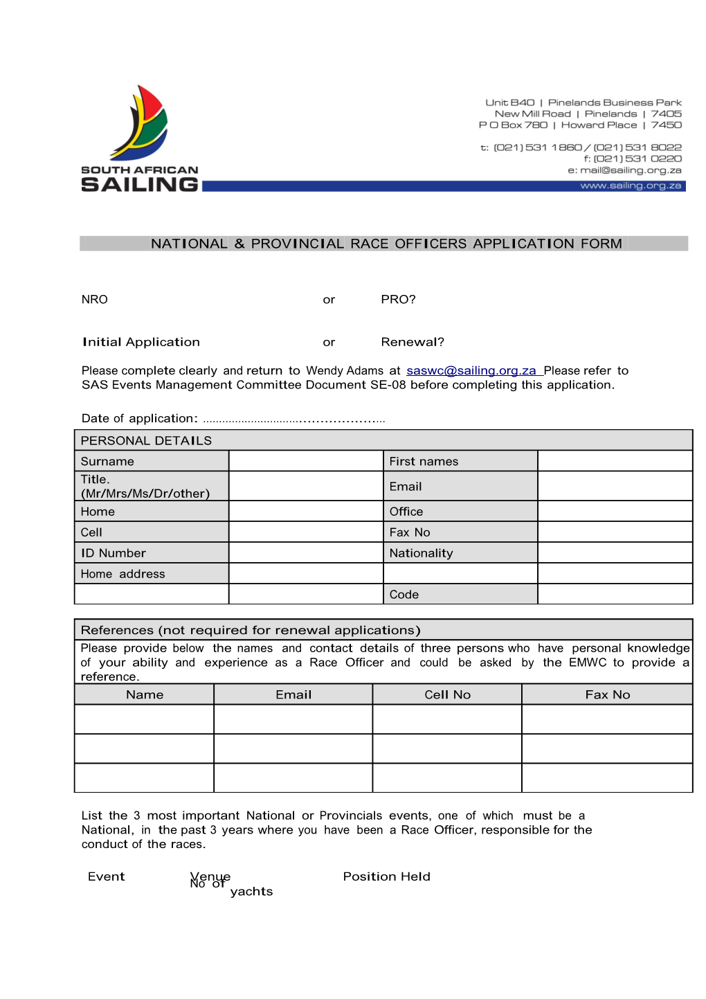 National Provincial Race Officers Application Form