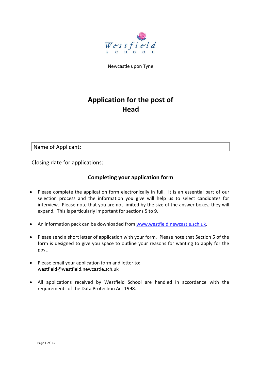 Application for the Post Of