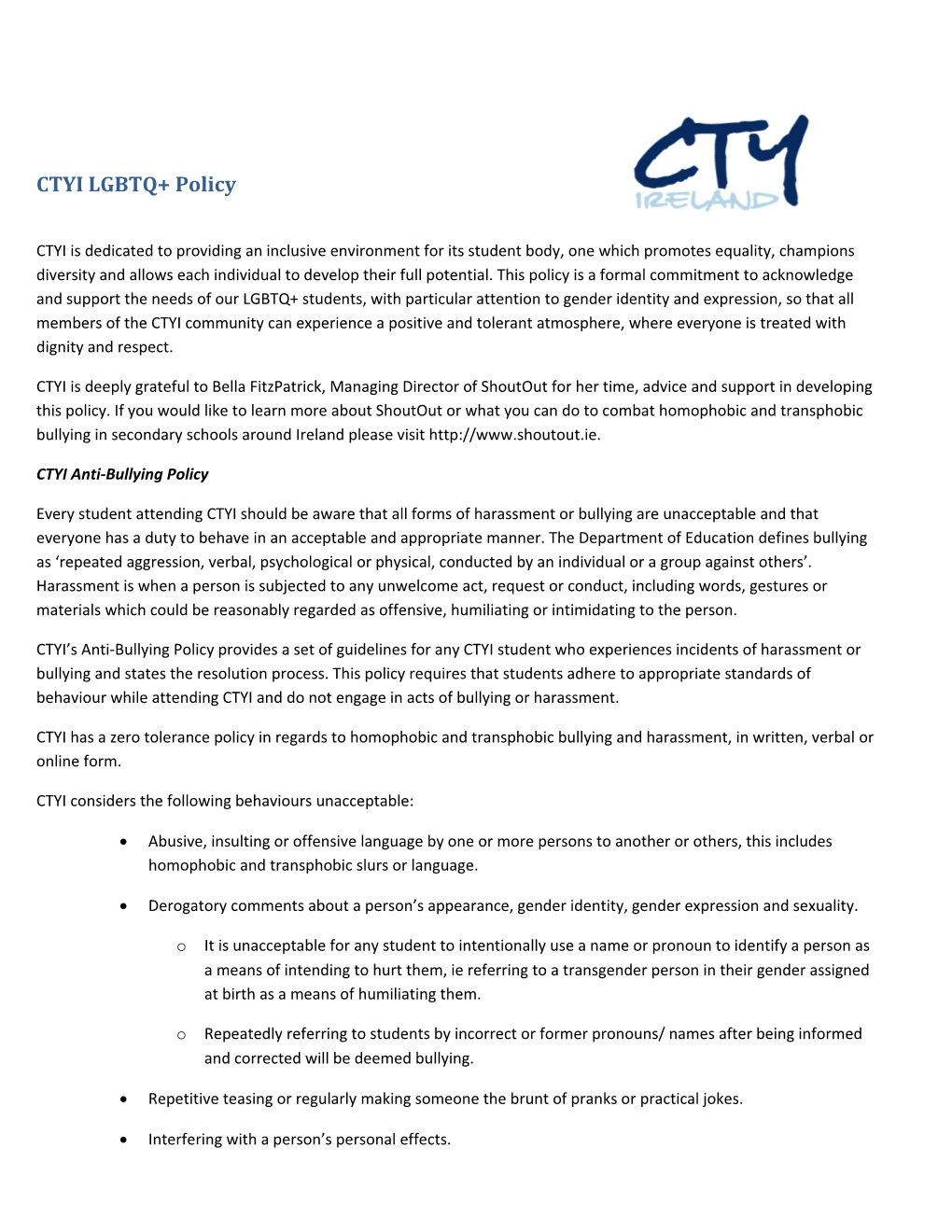 CTYI LGBTQ+ Policy