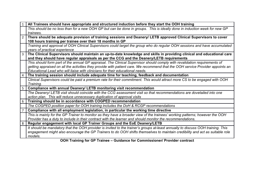 OOH Training for GP Trainee Guidance for Commissioner/ Provider Contract