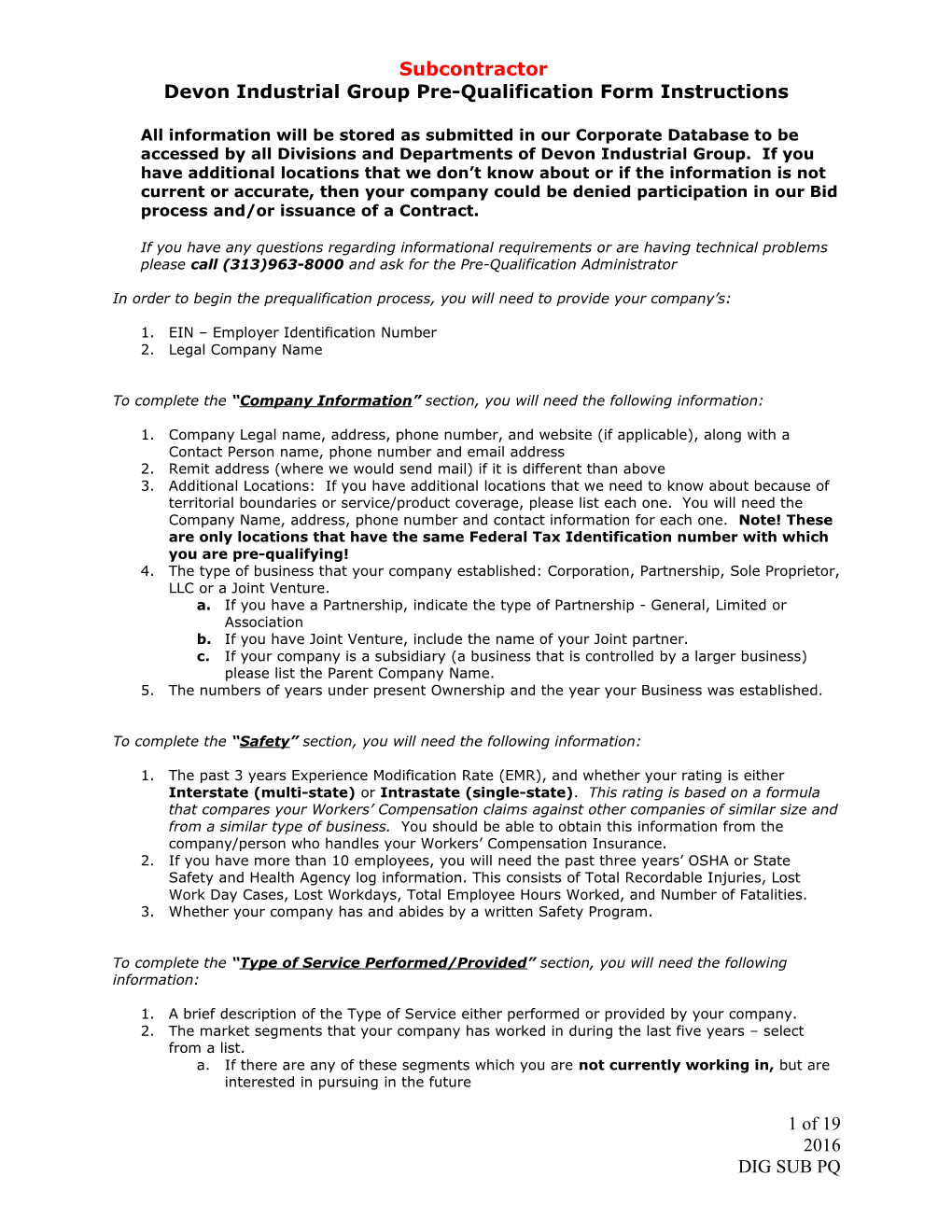 Subcontractor Pre-Qualification Form Instructions