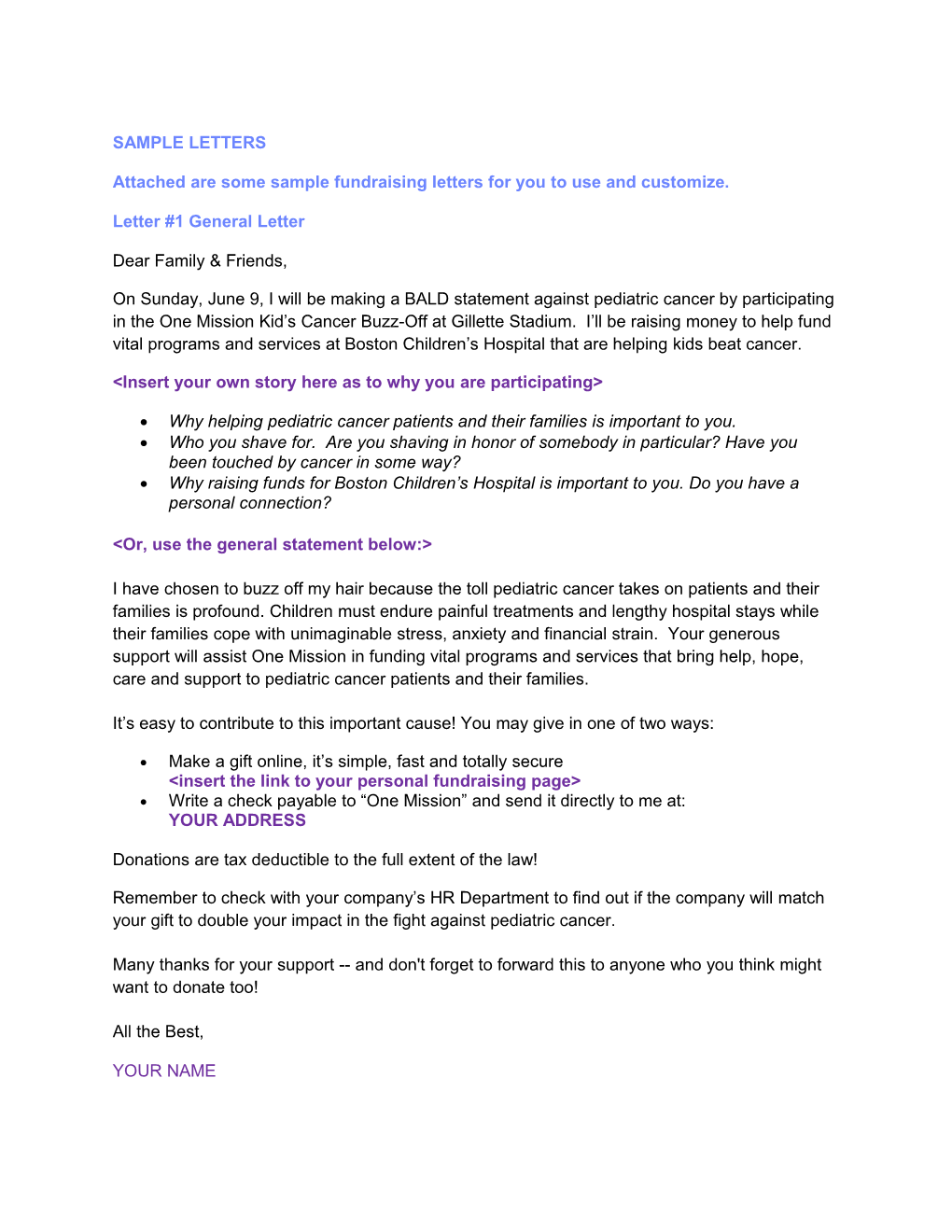 Attached Are Some Sample Fundraising Letters for You to Use and Customize