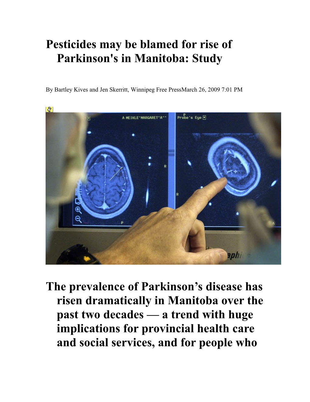 Pesticides May Be Blamed for Rise of Parkinson's in Manitoba: Study