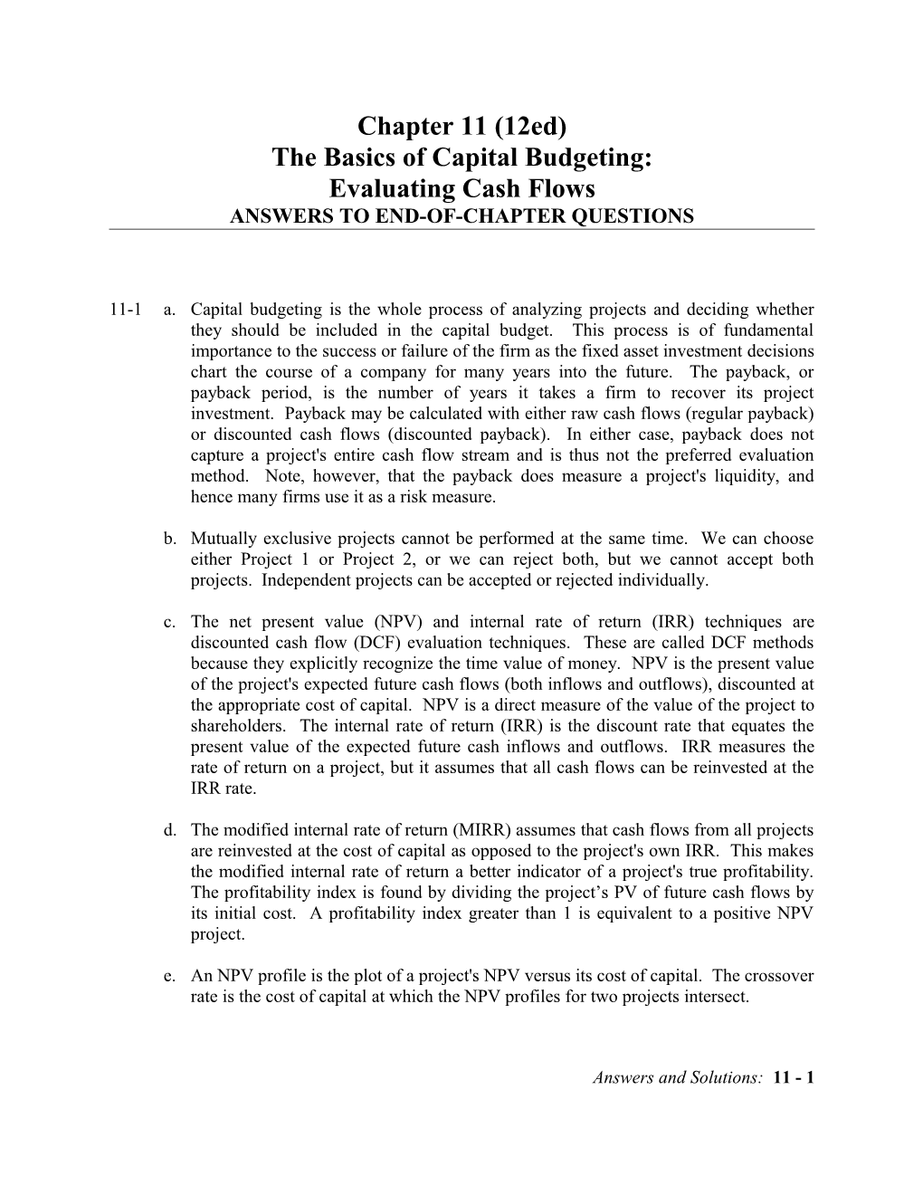 Capital Budgeting Basics, Instructor's Manual