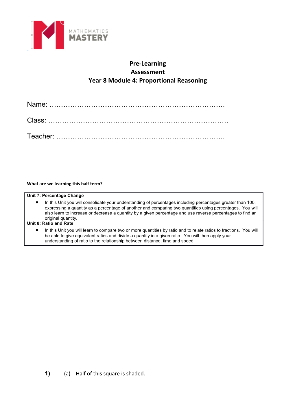 Year 8 Module 4: Proportional Reasoning