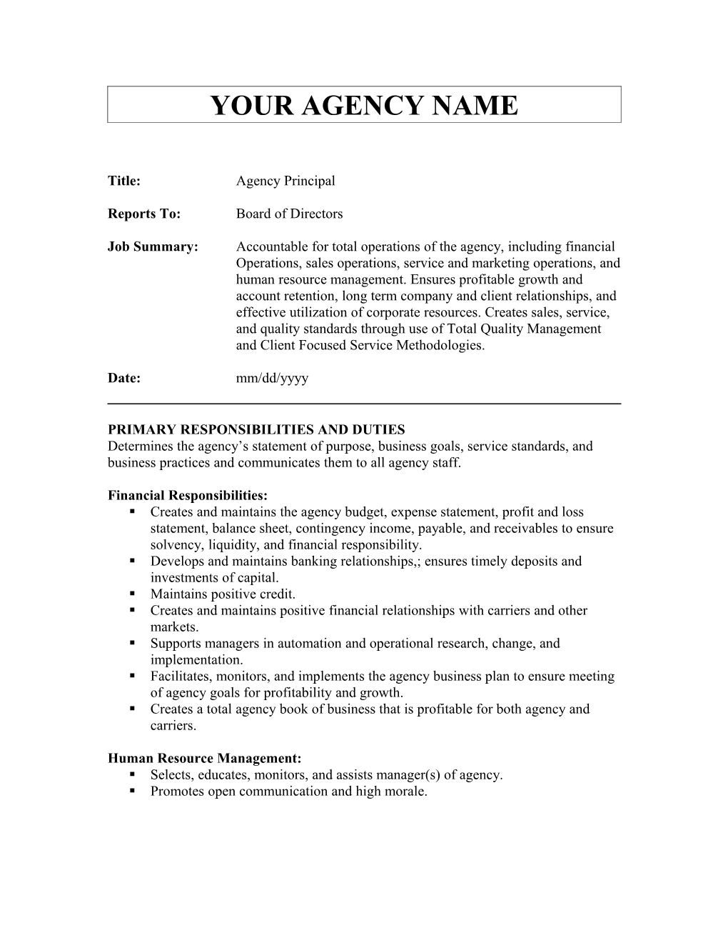 Sample Job Description - Agency Principal