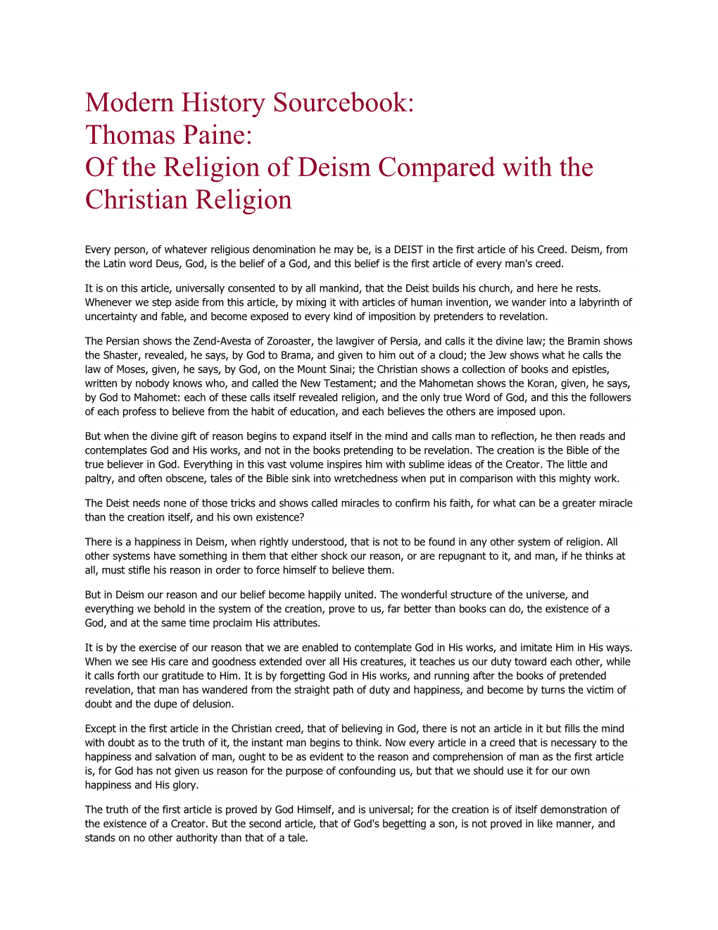 Modern History Sourcebook: Thomas Paine: of the Religion of Deism Compared with the Christian