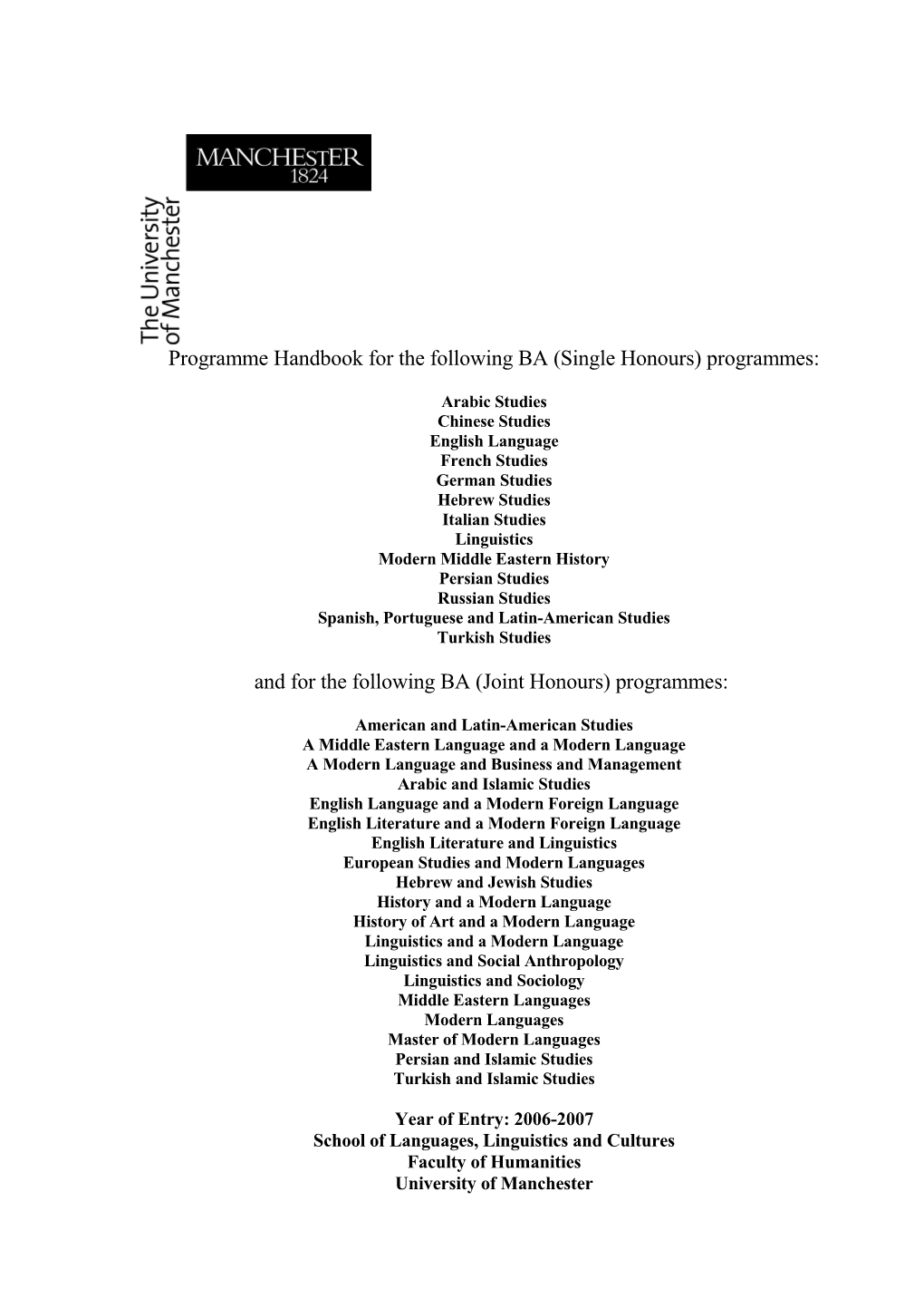 Programme Handbook for the Following BA (Single Honours) Programmes