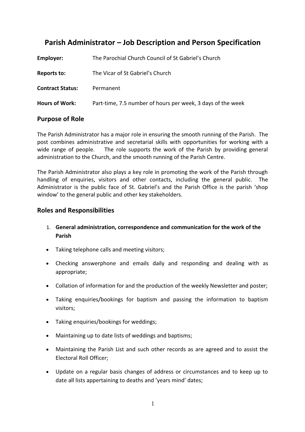Parish Administrator Job Description and Person Specification