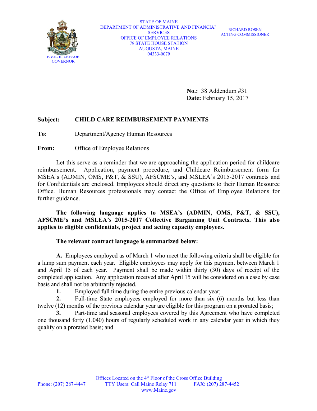 Subject: CHILD CARE REIMBURSEMENT PAYMENTS