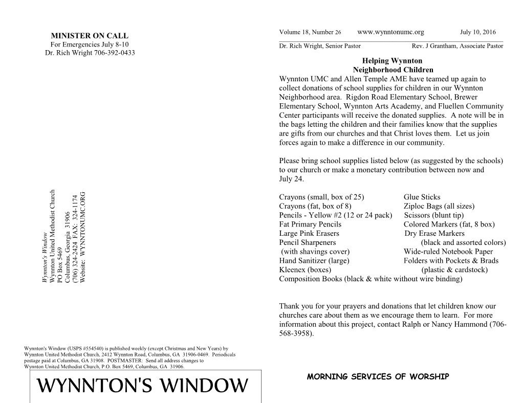 Wynnton's Window (USPS #554540) Is Published Weekly (Except Christmas and New Years) By