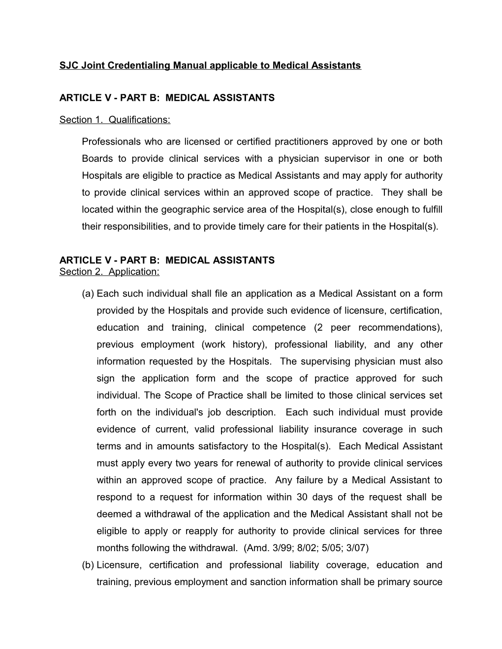 SJC Joint Credentialing Manual Applicable to Medical Assistants