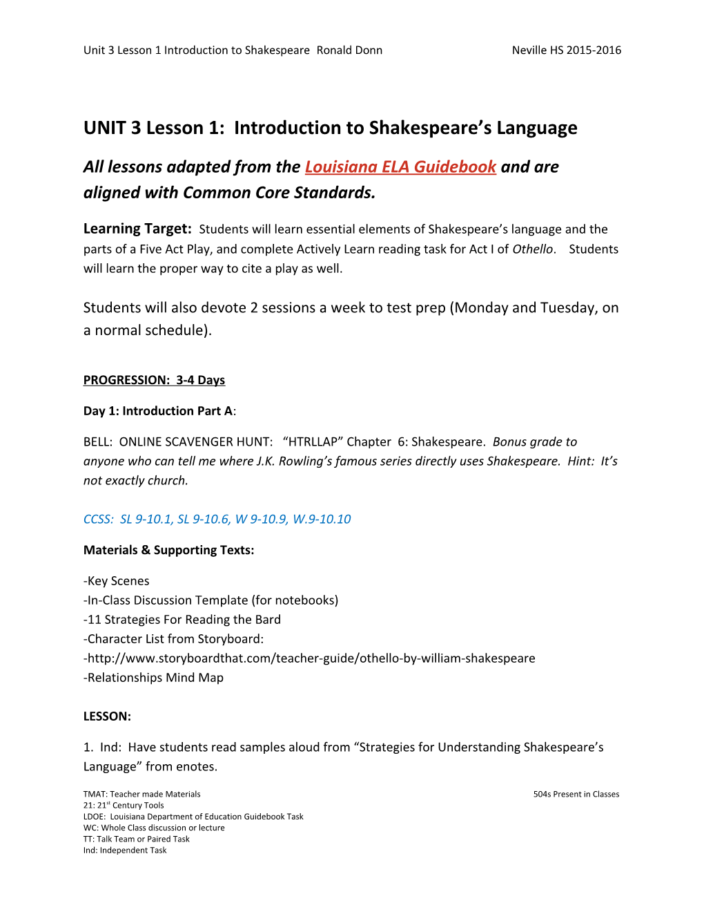 UNIT 3 Lesson 1: Introduction to Shakespeare S Language