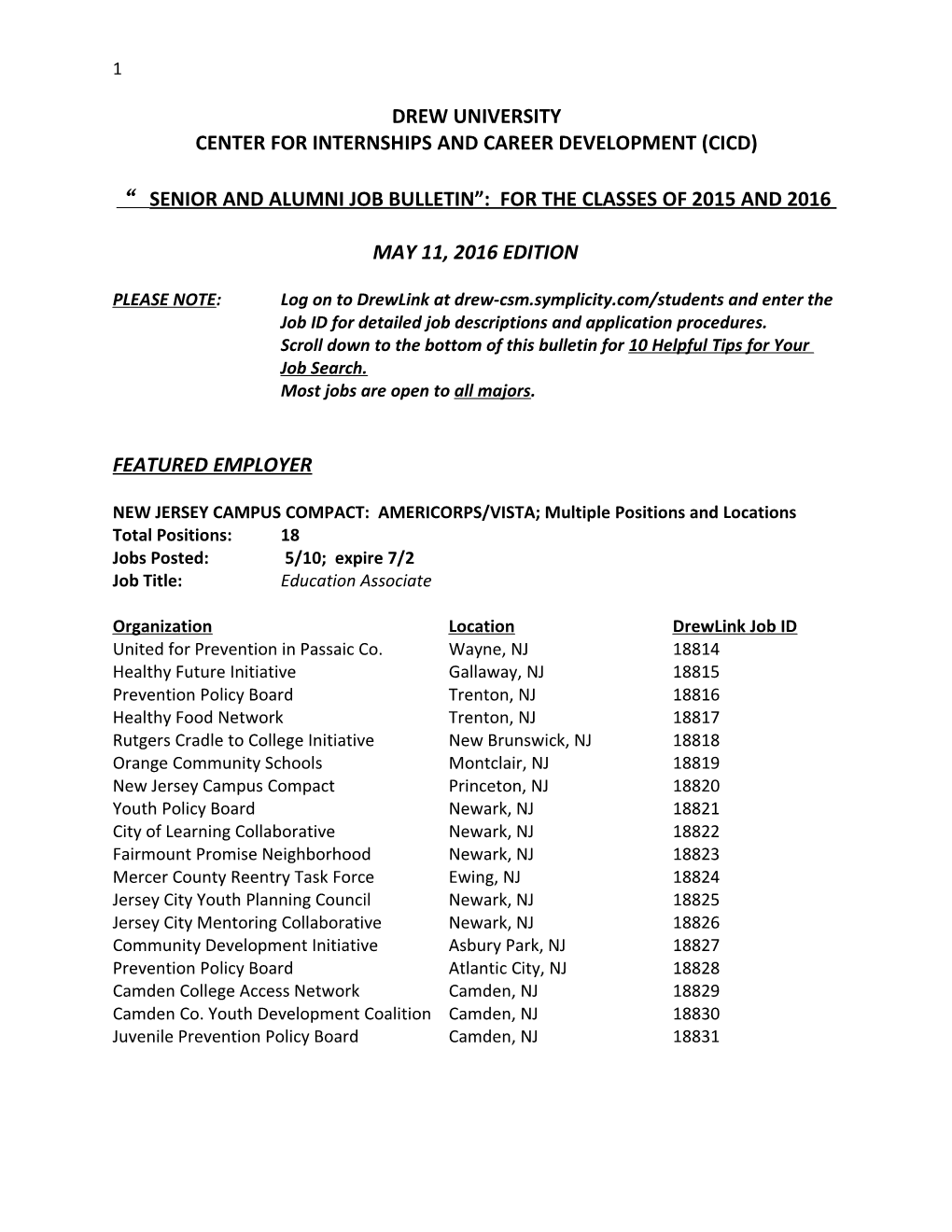 Senior and Alumni Job Bulletin : for the Classes of 2015 and 2016