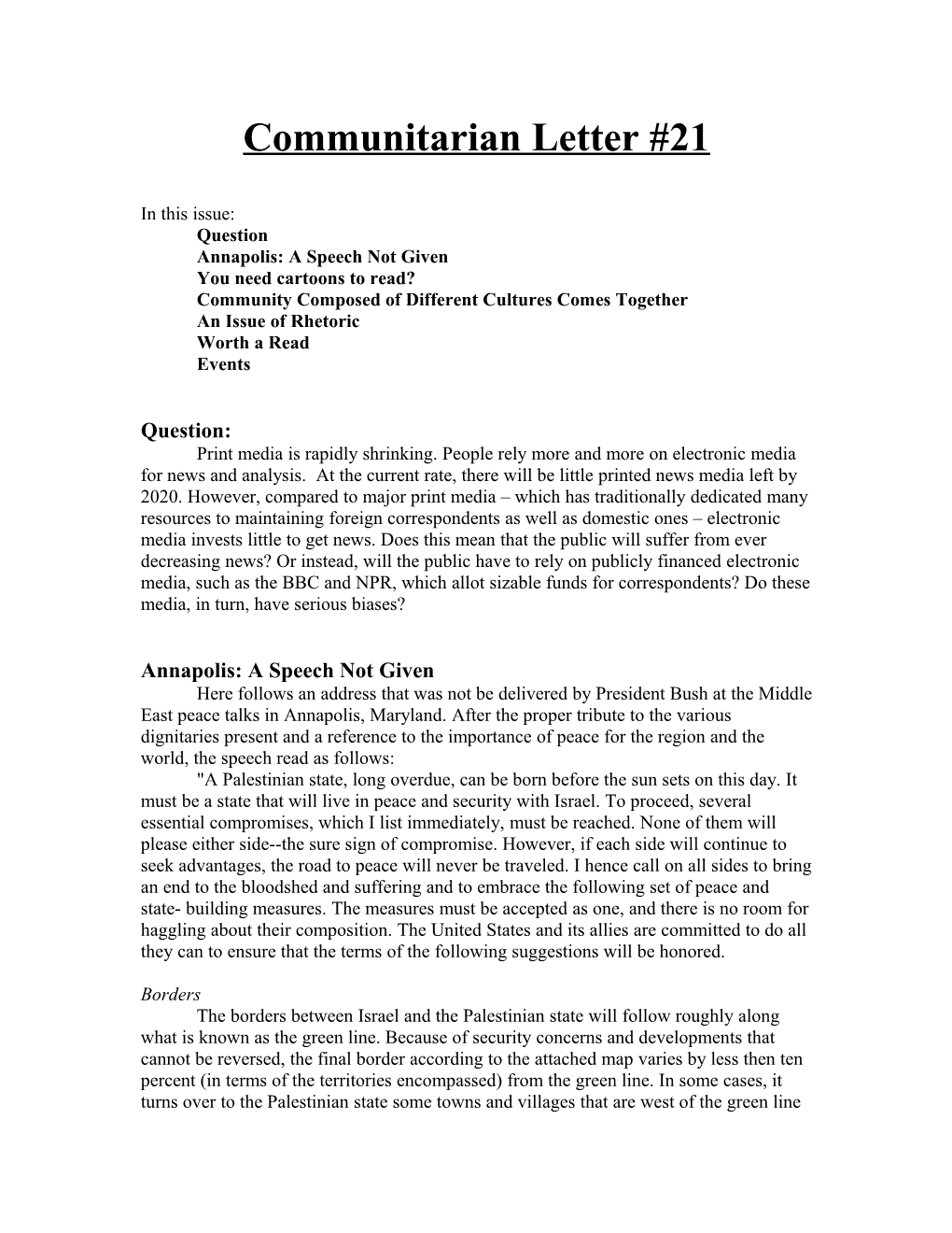 Communitarian Letter #21