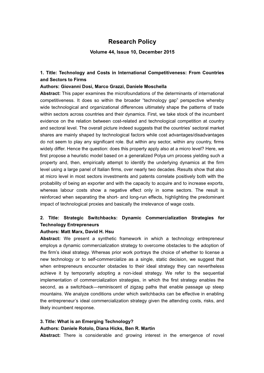 1. Title: Technology and Costs in International Competitiveness: from Countries and Sectors