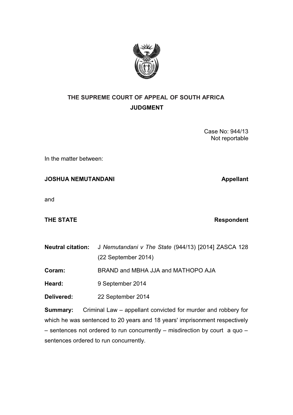 The Supreme Court of Appeal of South Africa