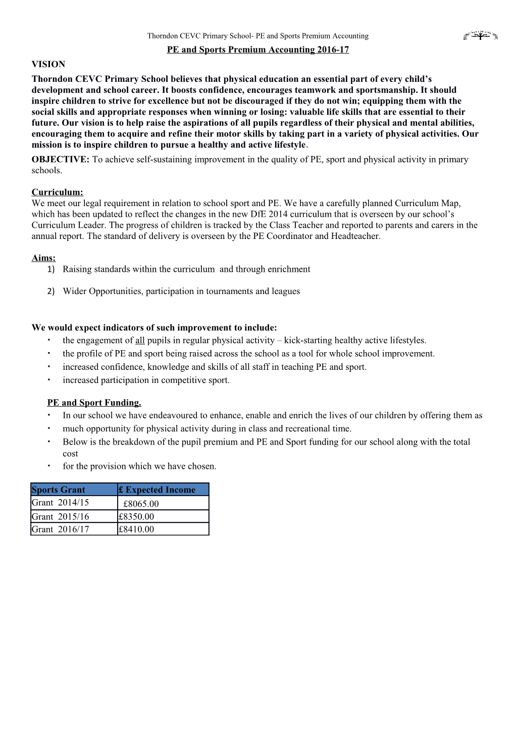 PE and Sports Premium Accounting 2016-17