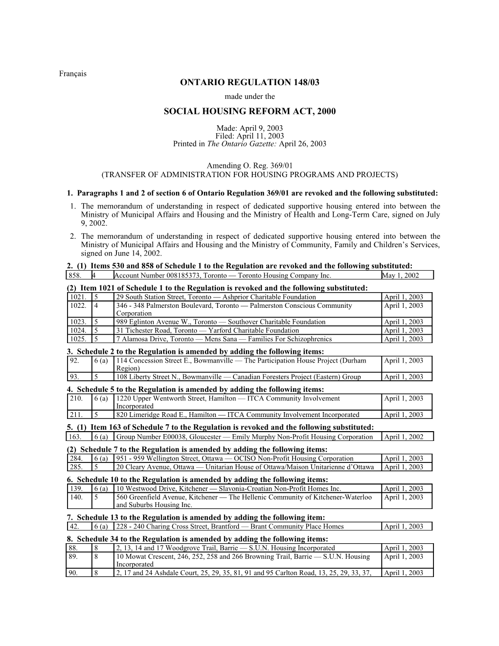 SOCIAL HOUSING REFORM ACT, 2000 - O. Reg. 148/03