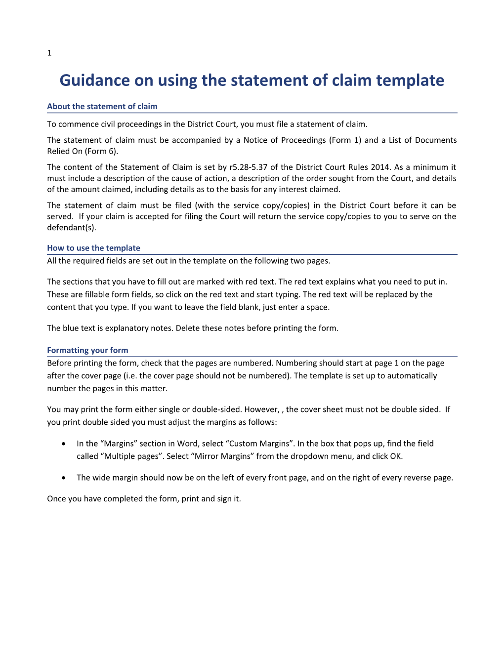 Guidance on Using the Statement of Claimtemplate