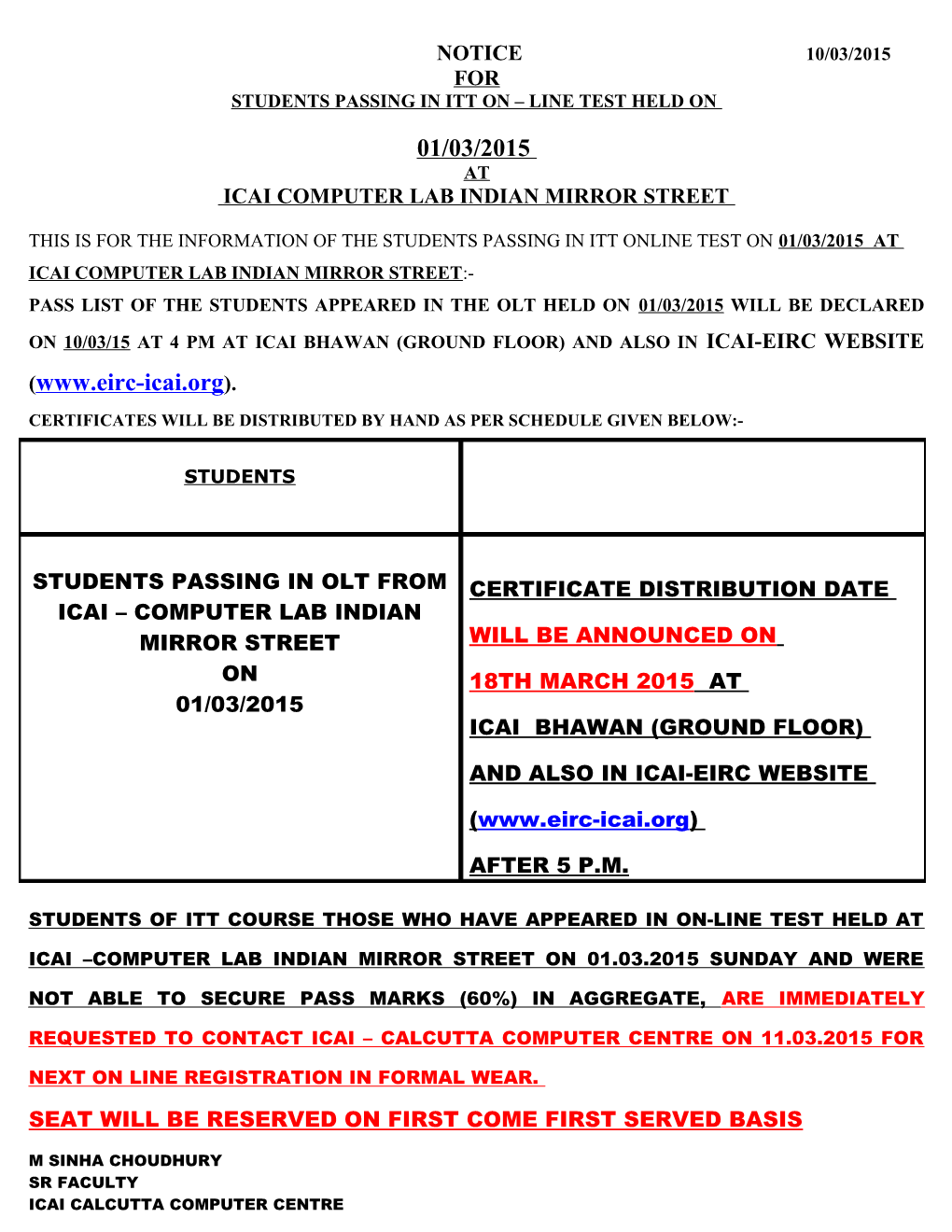 Students Passing in Itt on Line Test Held On