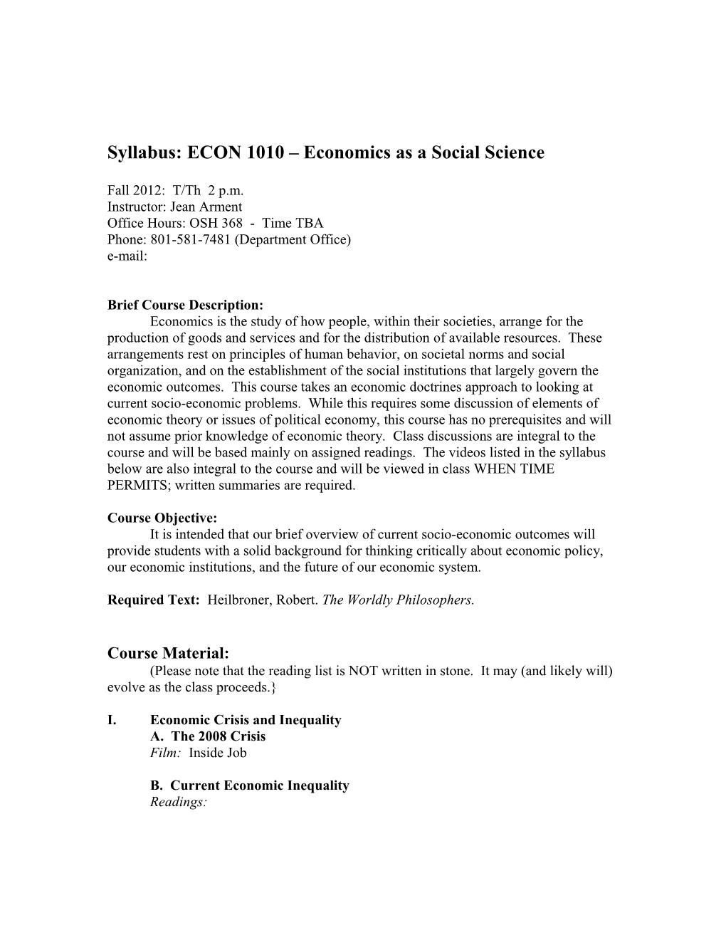 ECON 1010 001: Economics As a Social Science