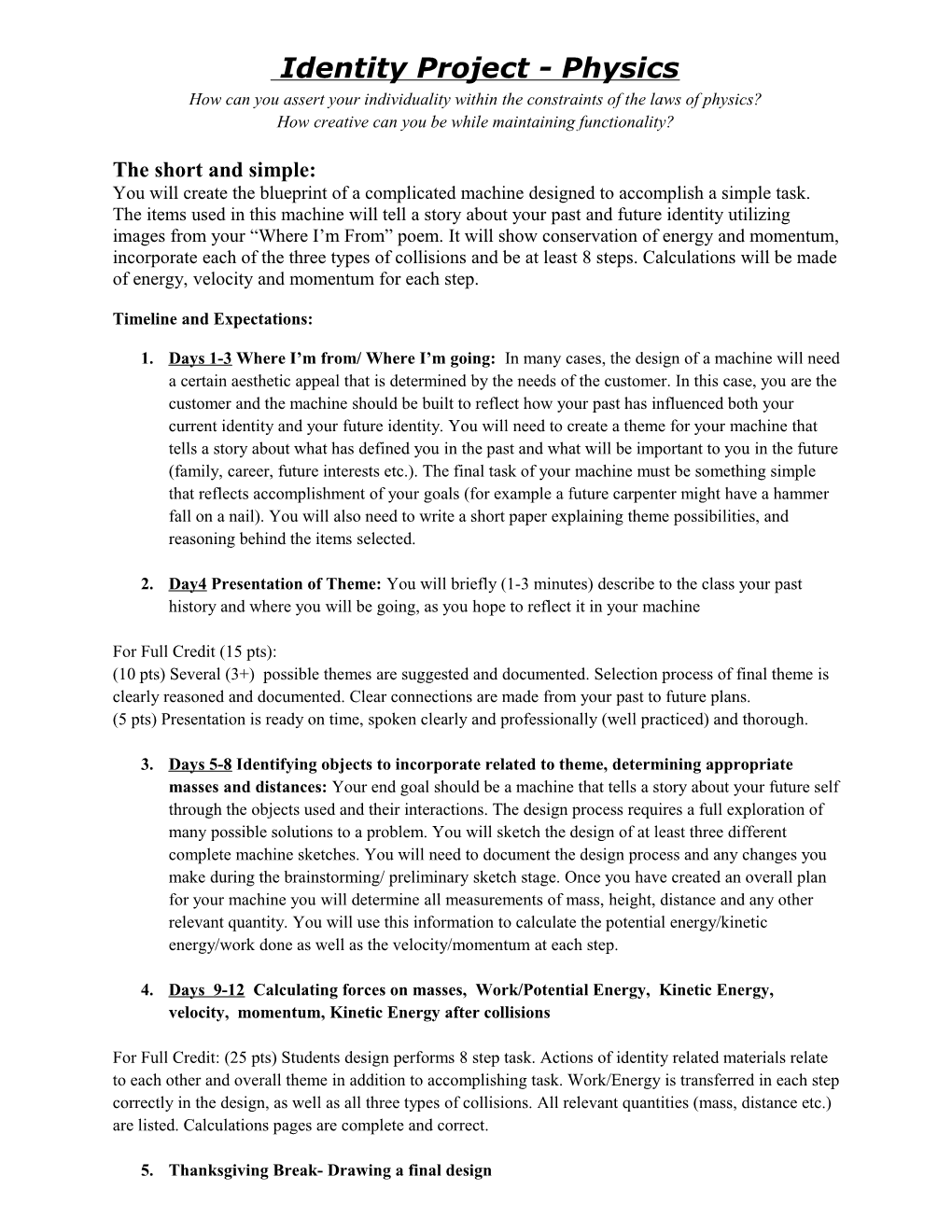 Identity Project (11Th S1)- Detailed Timeline and Rubric- Physics