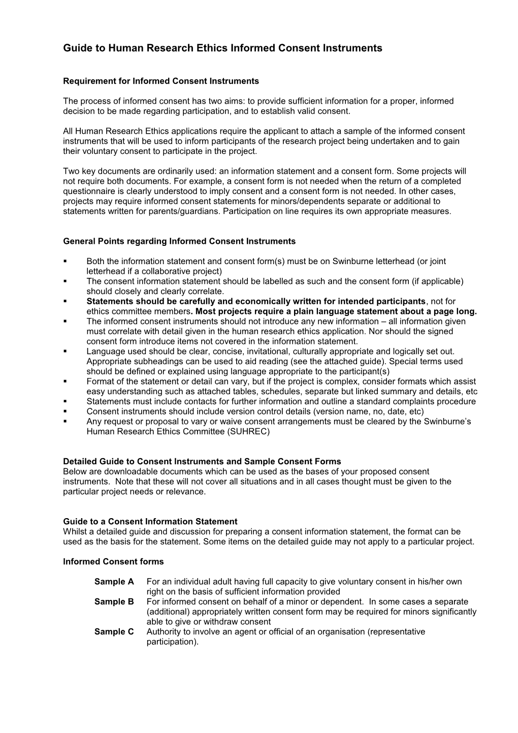 Informed Consent Instruments - Swinburne Research Ethics