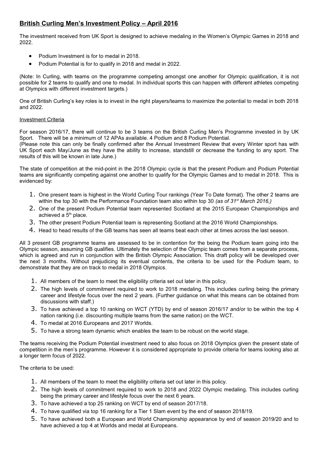 British Curling Men S Investment Policy April 2016