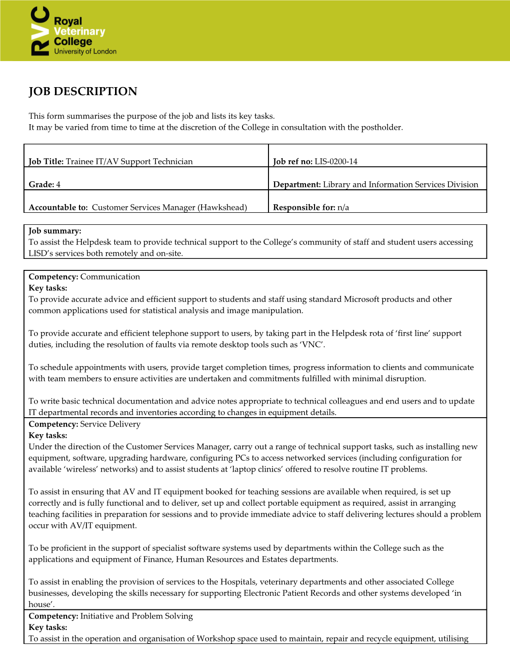 This Form Summarises the Purpose of the Job and Lists Its Key Tasks s1