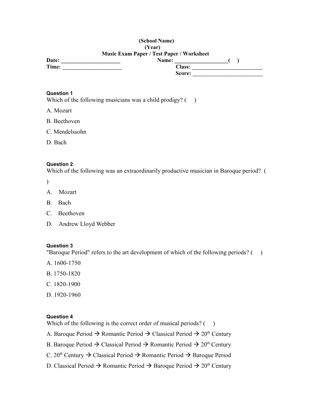 Music Exam Paper / Test Paper / Worksheet
