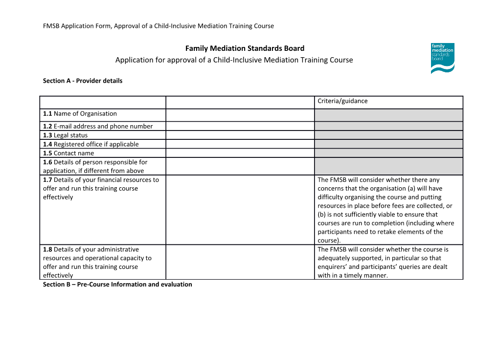 FMSB Application Form, Approval of a Child-Inclusive Mediation Training Course