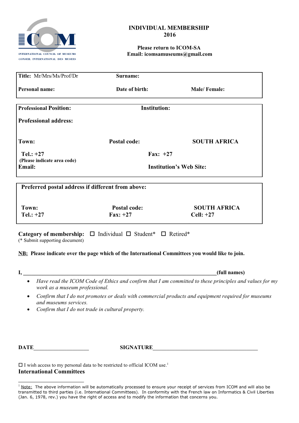 Individual Membership Application Form