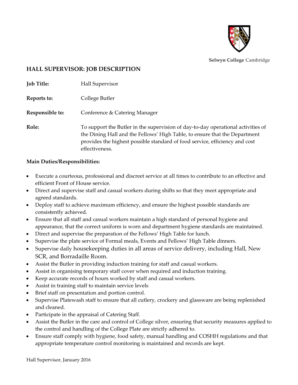 HALL Supervisor:Job Description