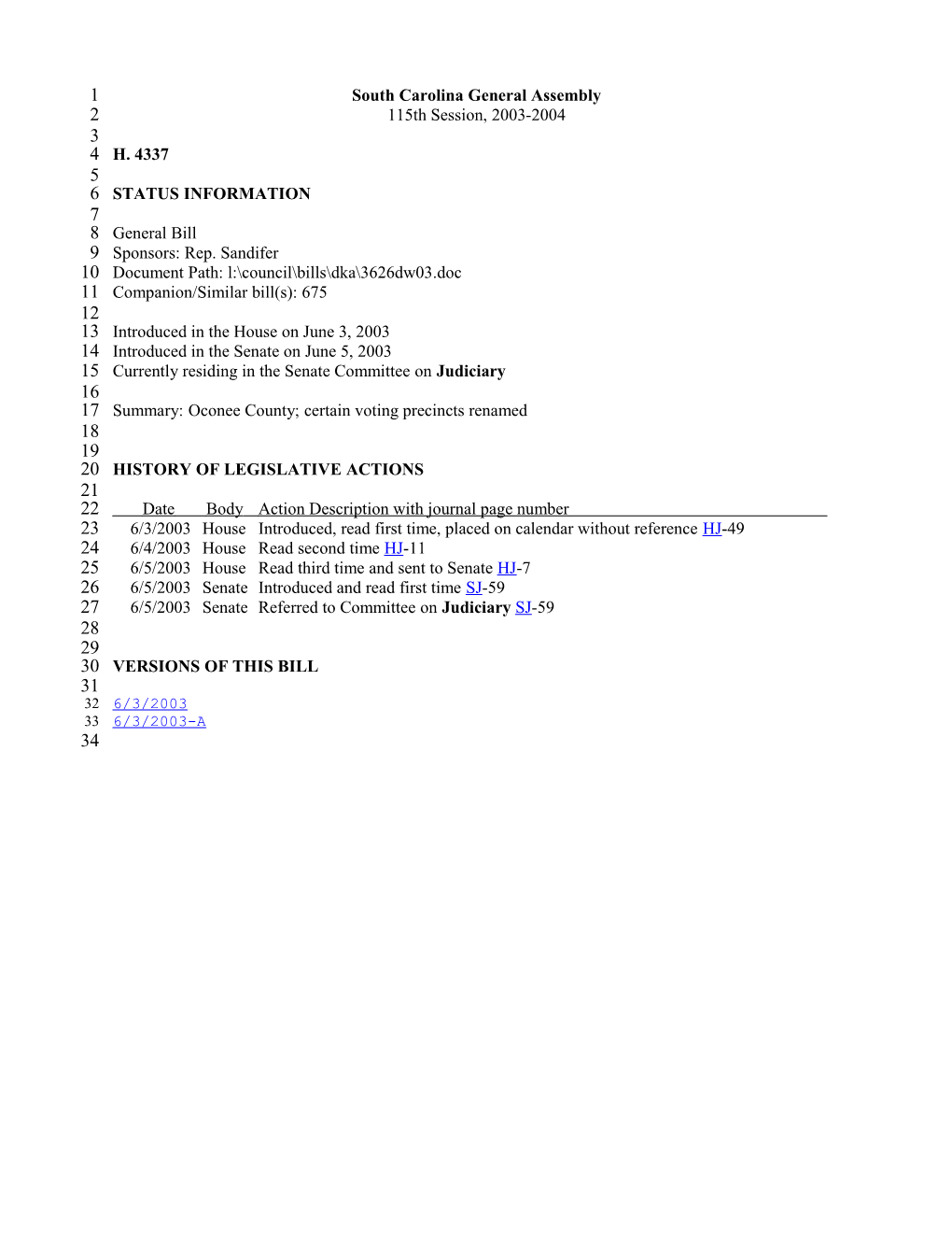 2003-2004 Bill 4337: Oconee County; Certain Voting Precincts Renamed - South Carolina