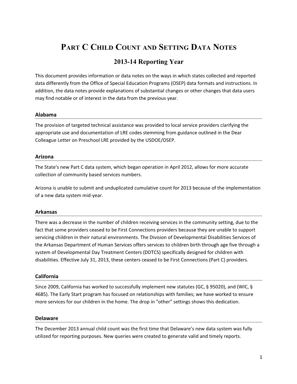 Part C Child Count and Setting Data Notes