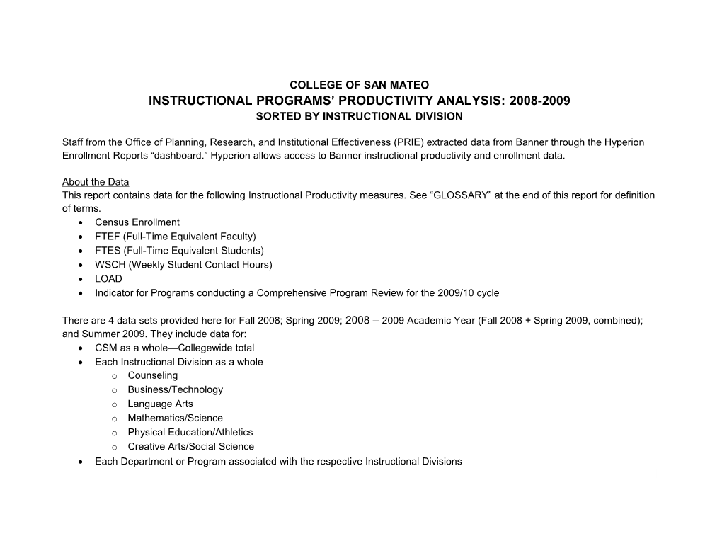Instructional Programs Productivity Analysis: 2008-2009