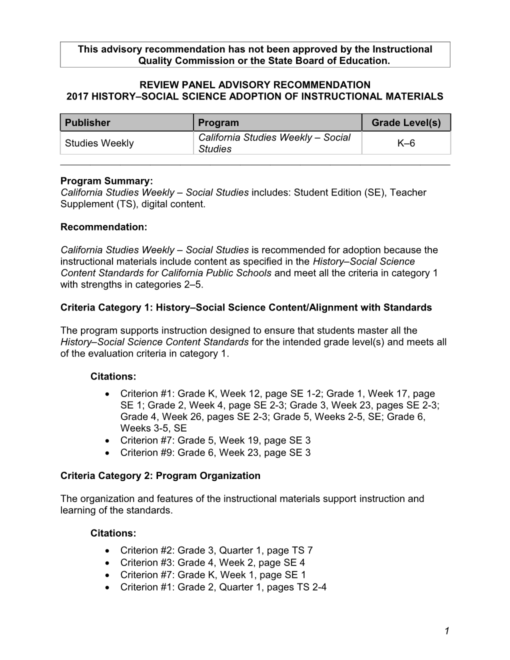 Studies Weekly, K-6 - Instructional Materials (CA Dept of Education)