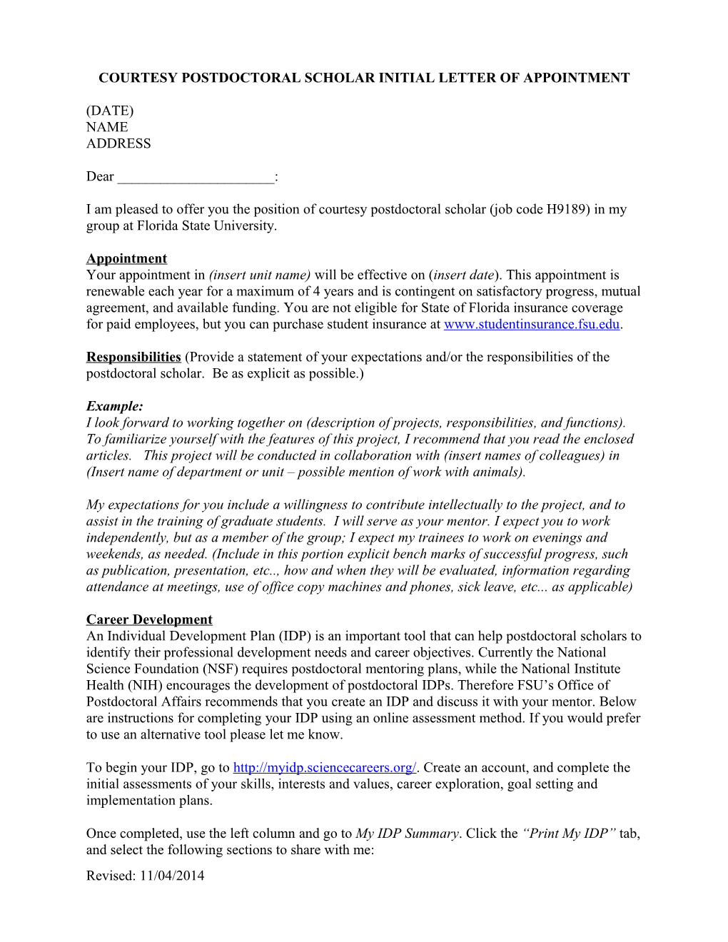 Courtesy Postdoctoral Scholar Initial Letter of Appointment