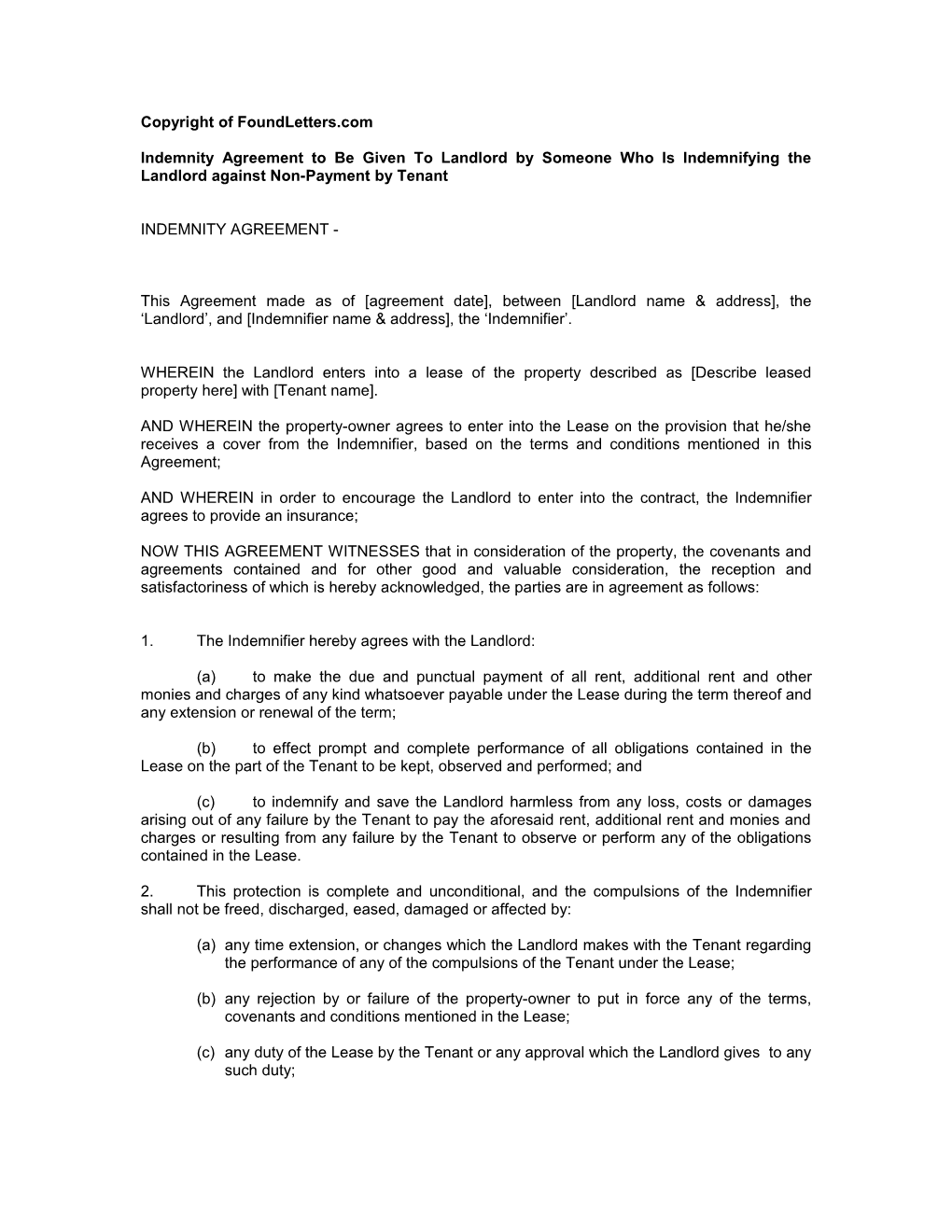 Indemnity Agreement to Be Given to Landlord by Someone Who Is Indemnifying the Landlord