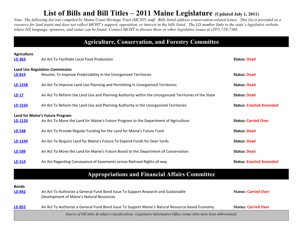 List of Bills and Bill Titles 2011 Maine Legislature (Updated July 1, 2011)