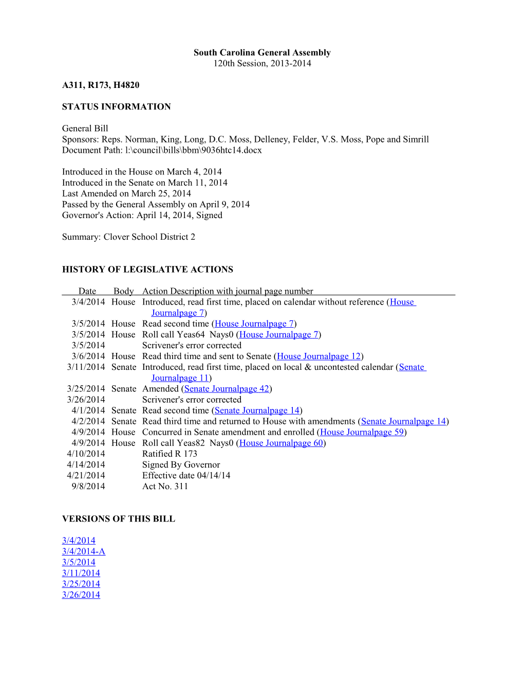 2013-2014 Bill 4820: Clover School District 2 - South Carolina Legislature Online