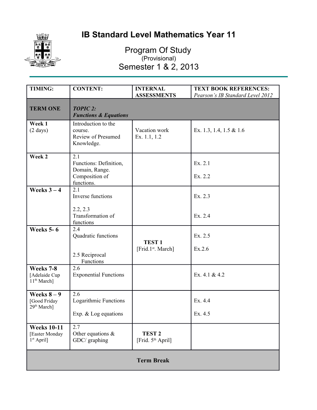 IB Standard Level Mathematics Year 11