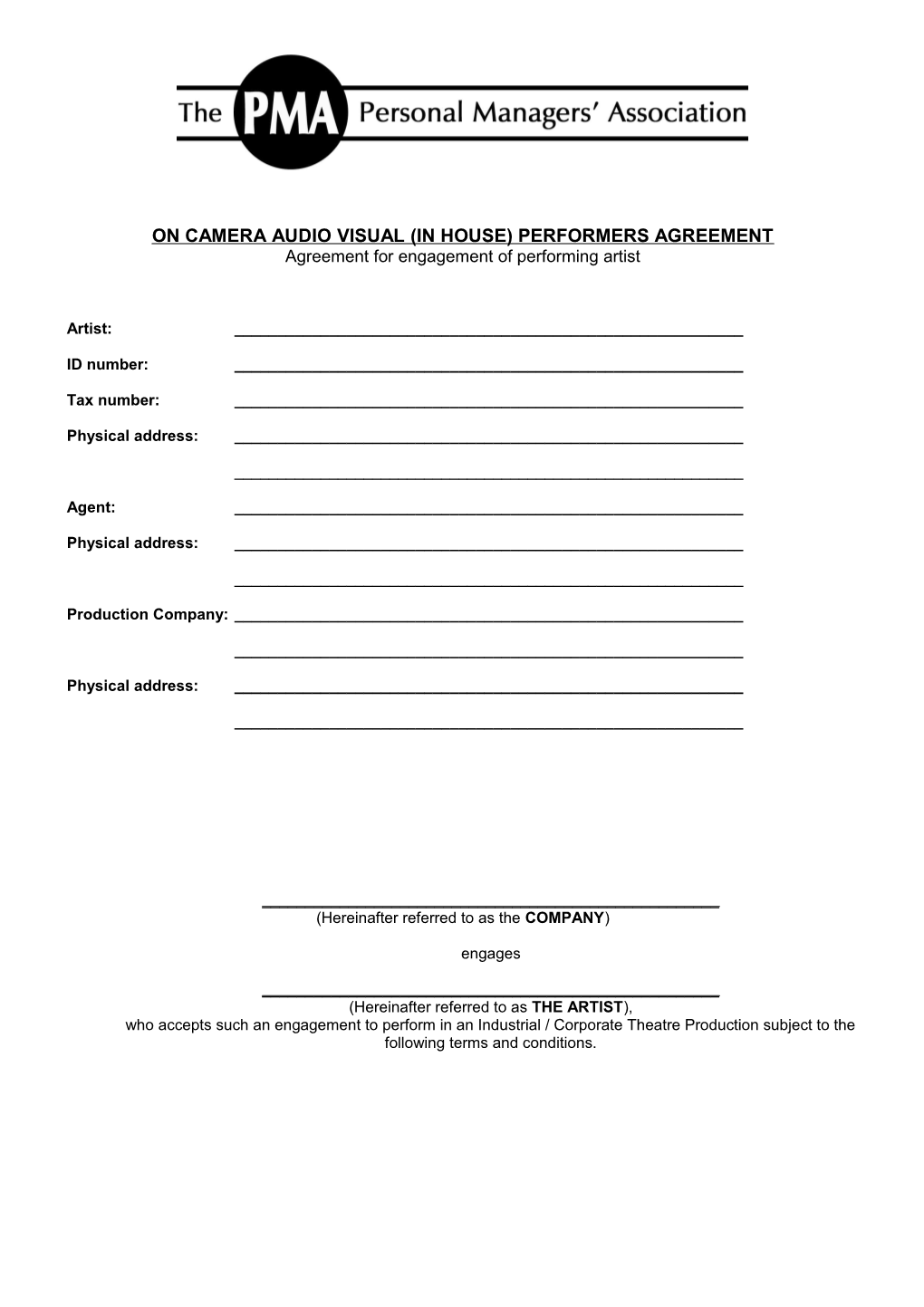 Agreement for Engagement of Performing Artist