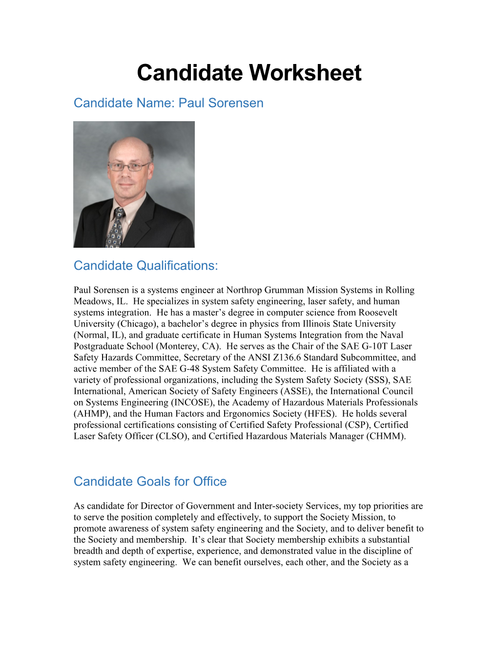 Candidate Name: Paul Sorensen