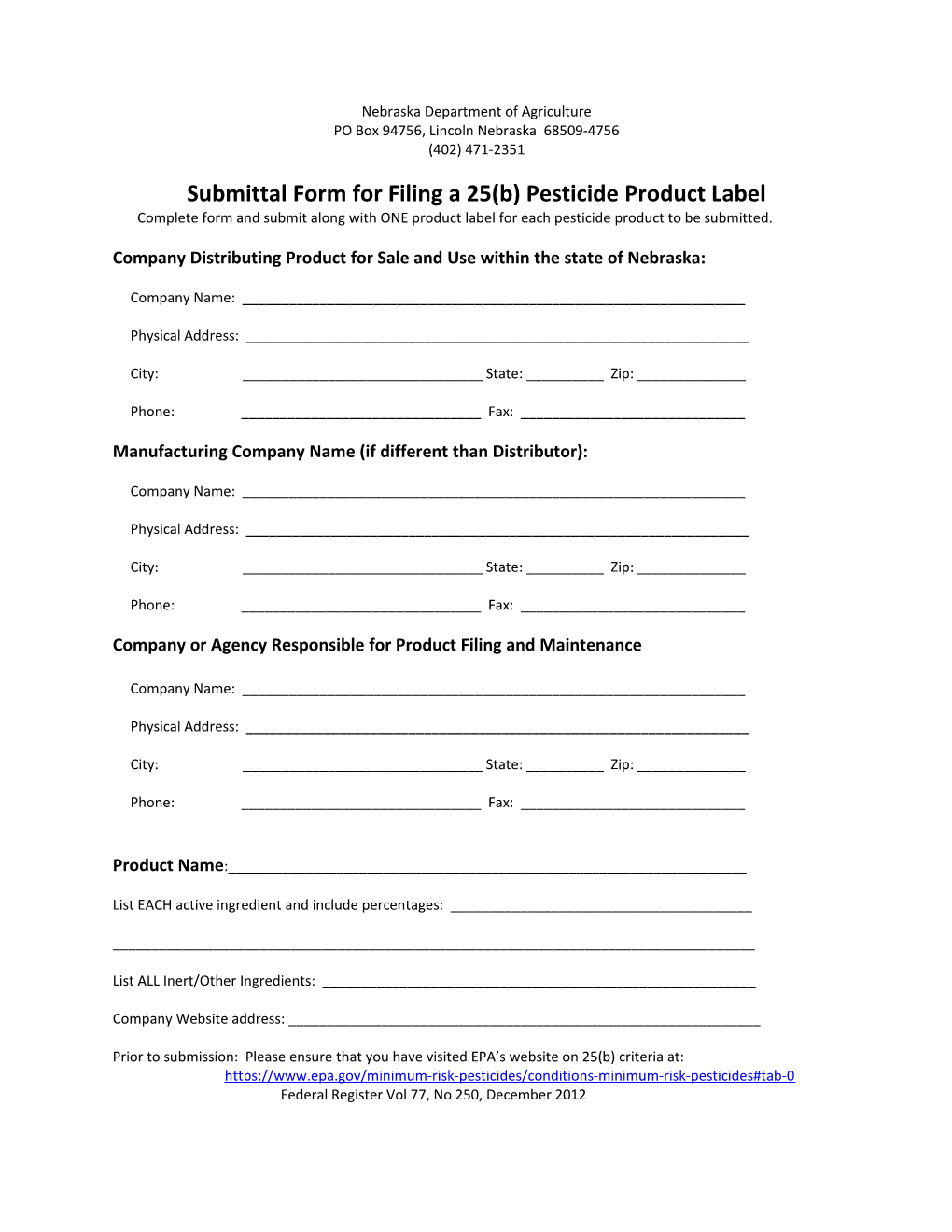 Submittal Form for Filing a 25(B) Pesticide Product Label