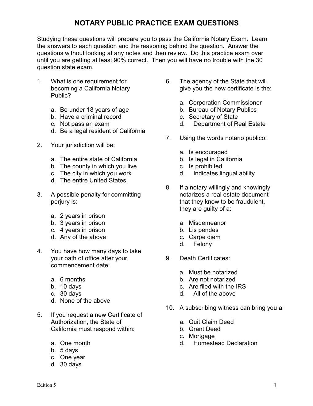 Notary Public Practice Exam Questions